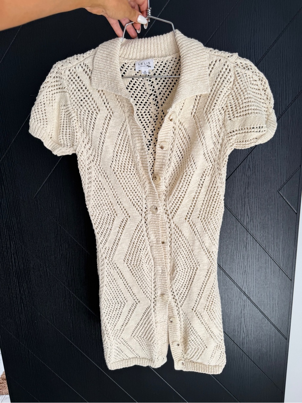 Le Lis Cream Crochet Button-Up Knit Polo Top